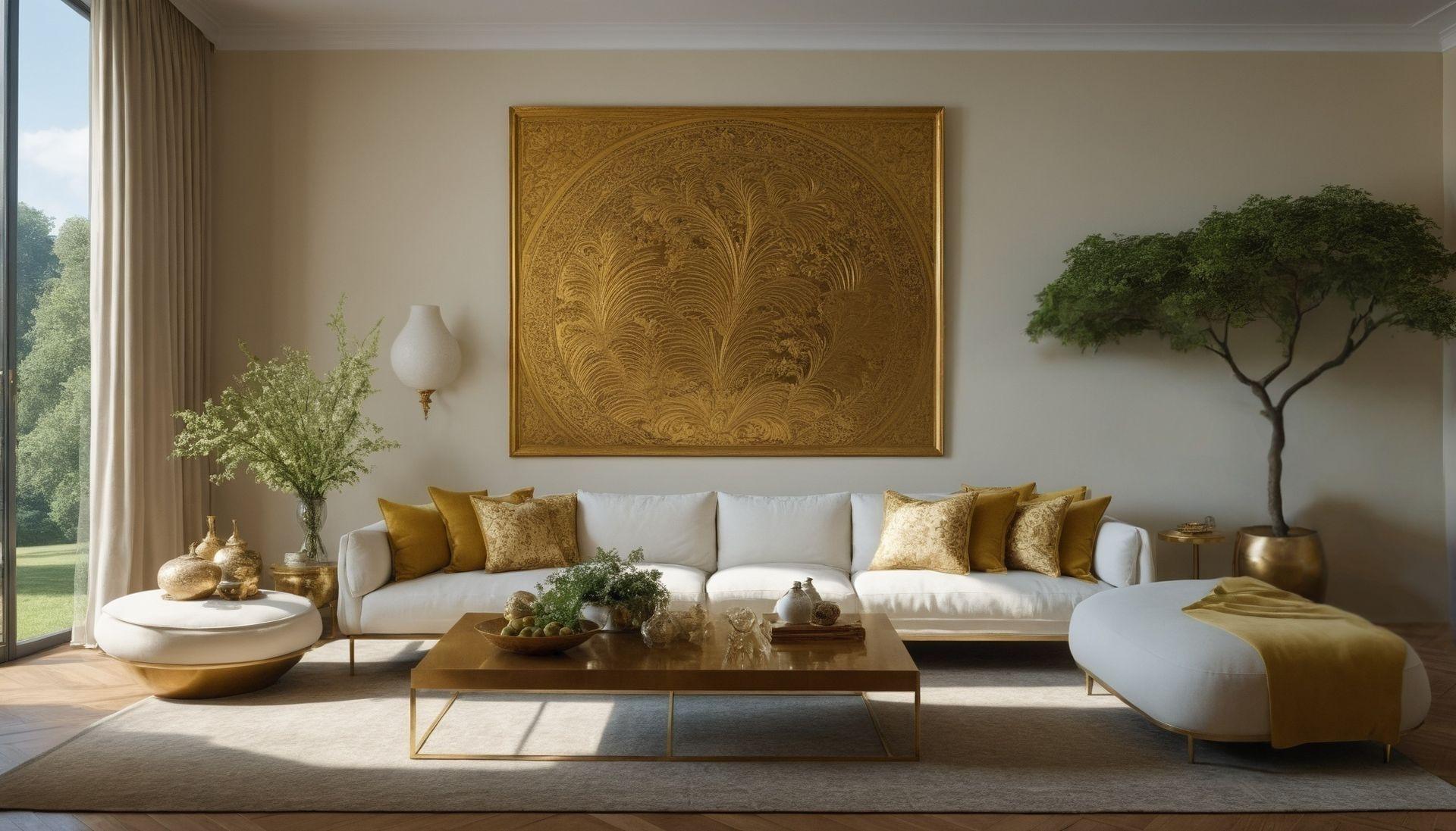 Elegant living room with white sofa, gold accents, large golden artwork, and a tree indoors.