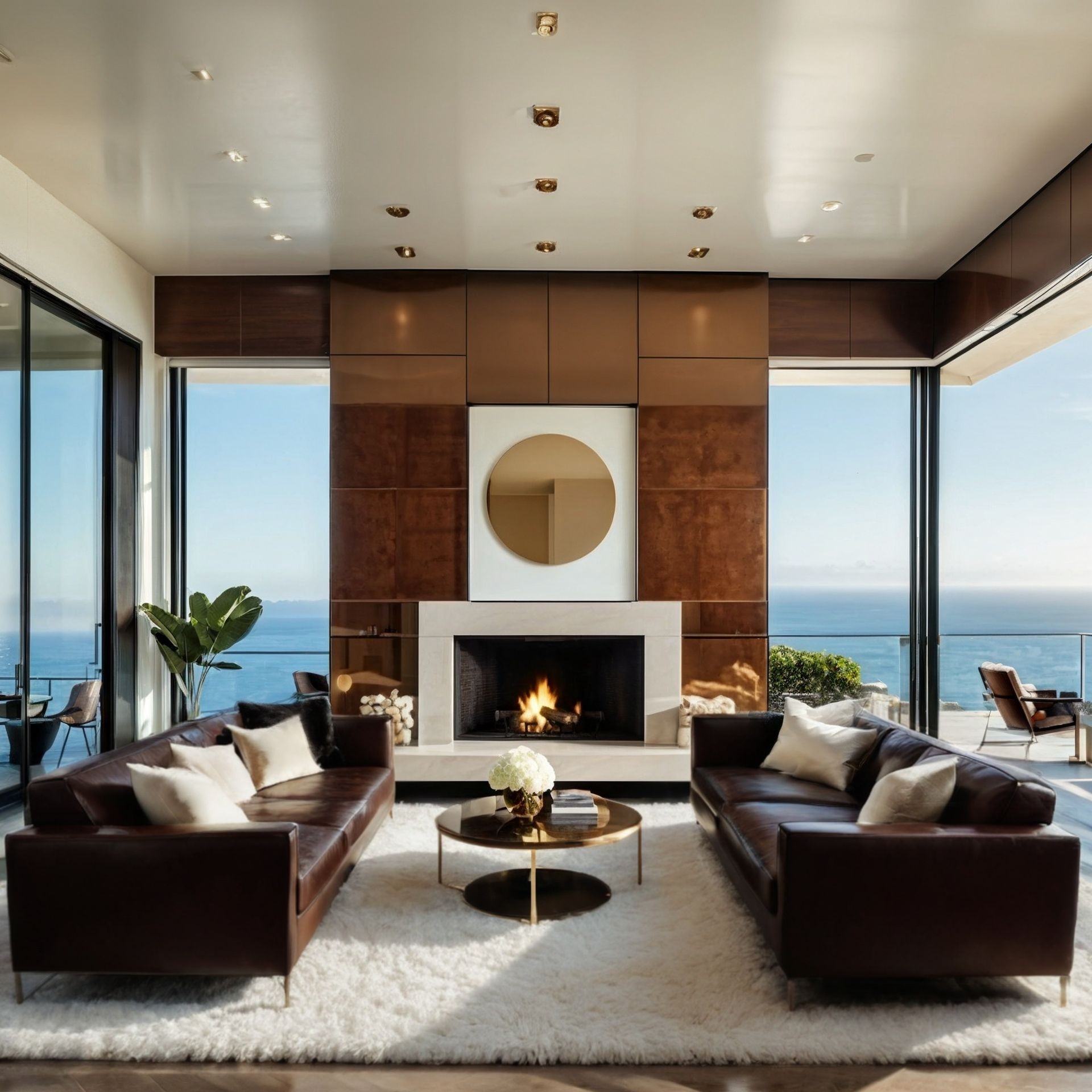 A living room with leather couches, a white area rug and ocean view.