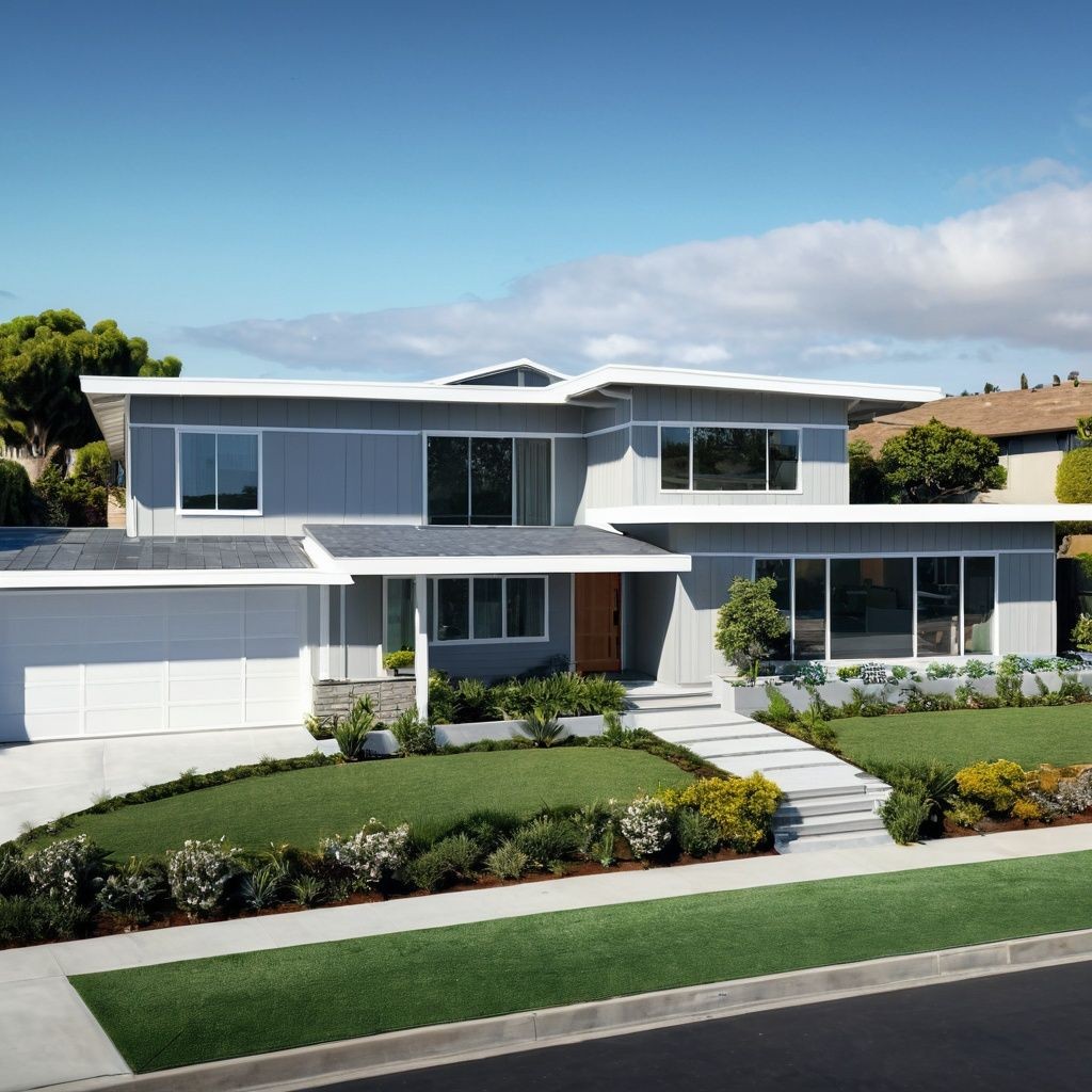 A gray and white luxury ranch integrated multispectral solar tiles and solar windows.