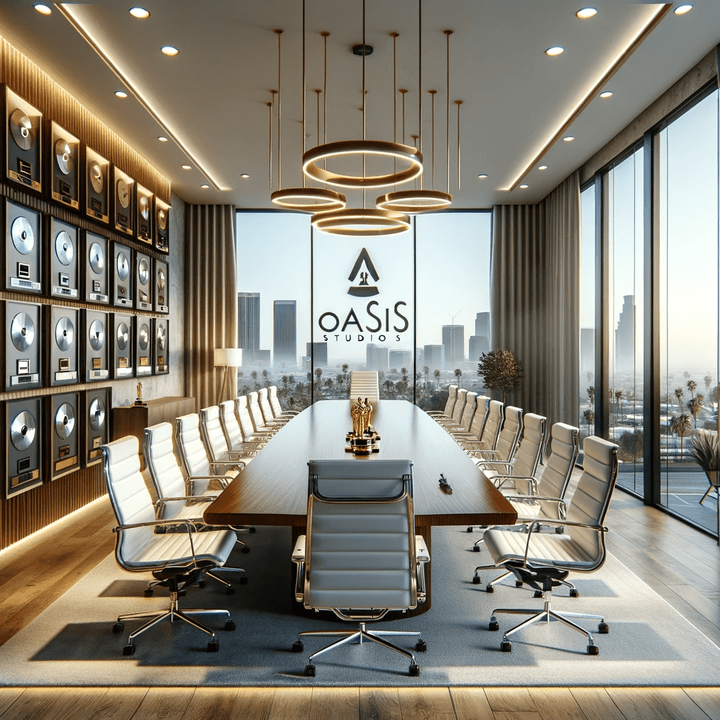 A walnut conference table with white office chairs around it.