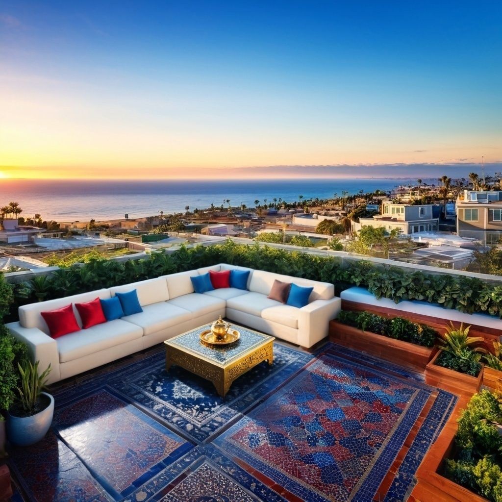 An outdoor patio with a Moroccan table, a white couch with colorful pillows.